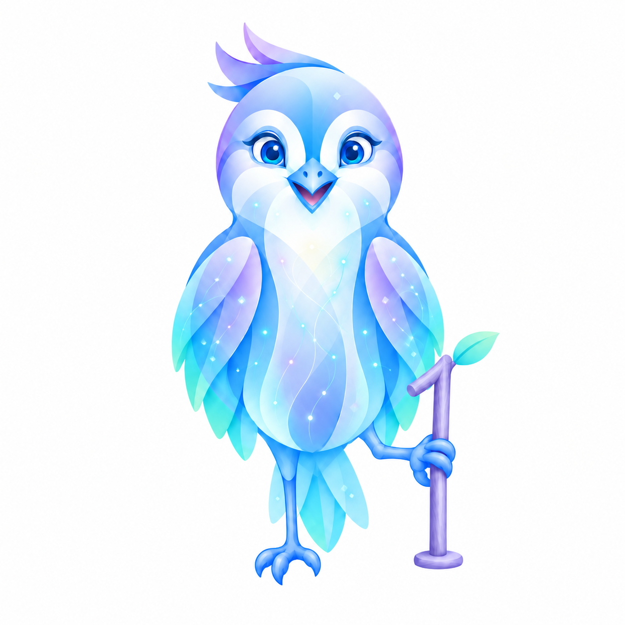Kiv1’s blue and lilac bird, holding a small leafy twig
